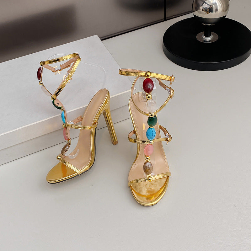 Women's Roman Style T-Strap Round Toe Stiletto Sandals
