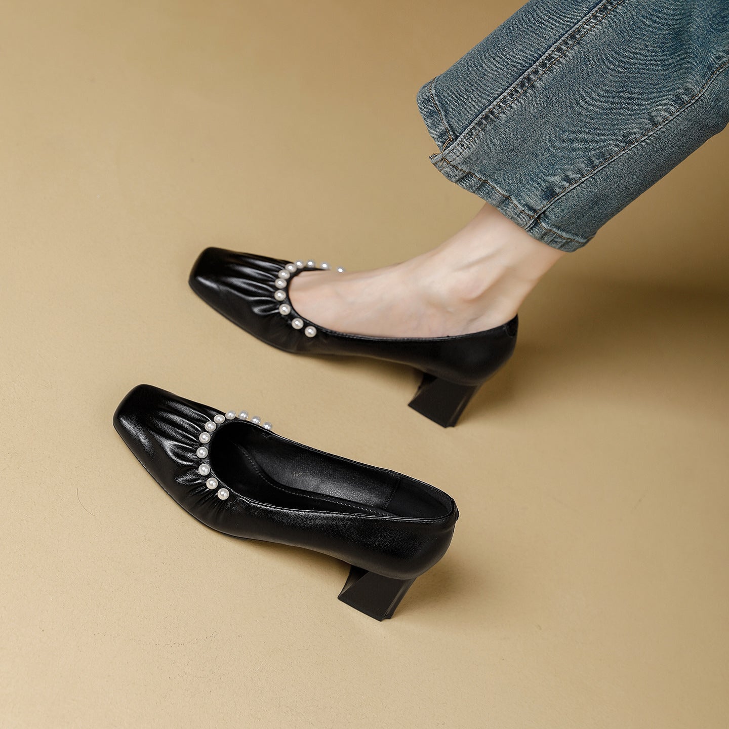 Women's Square Toe Beaded Mid Heel Pumps Slip-On Shoes