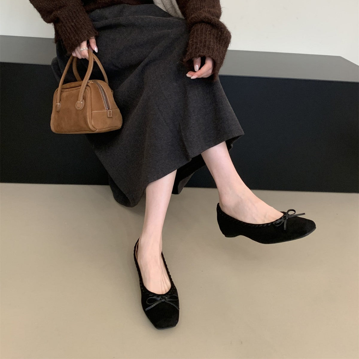 Women's French Style Suede Mary Jane Ballet Flats with Bow