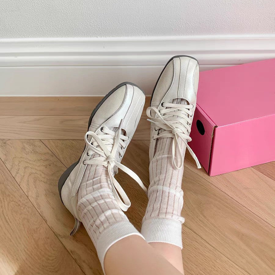 Women's Korean Style Mesh Lace-Up Square Toe Flats with Bow