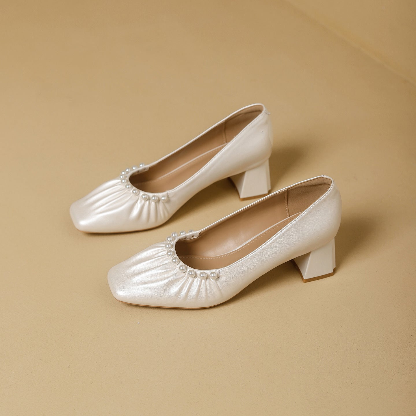 Women's Square Toe Beaded Mid Heel Pumps Slip-On Shoes