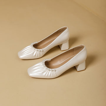 Women's Square Toe Beaded Mid Heel Pumps Slip-On Shoes