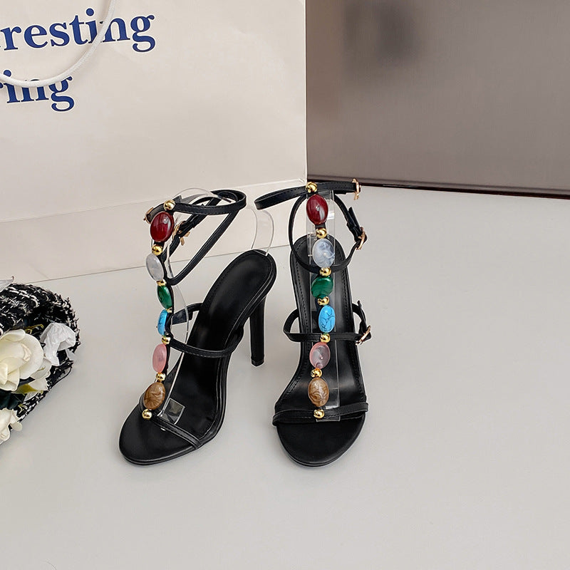 Women's Roman Style T-Strap Round Toe Stiletto Sandals