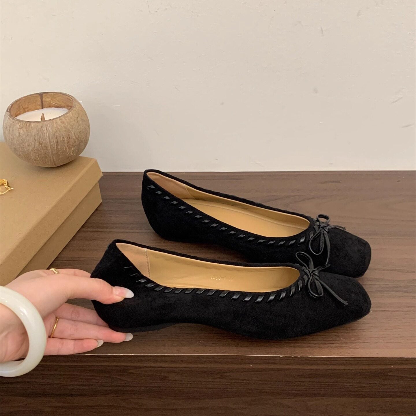 Women's French Style Suede Mary Jane Ballet Flats with Bow