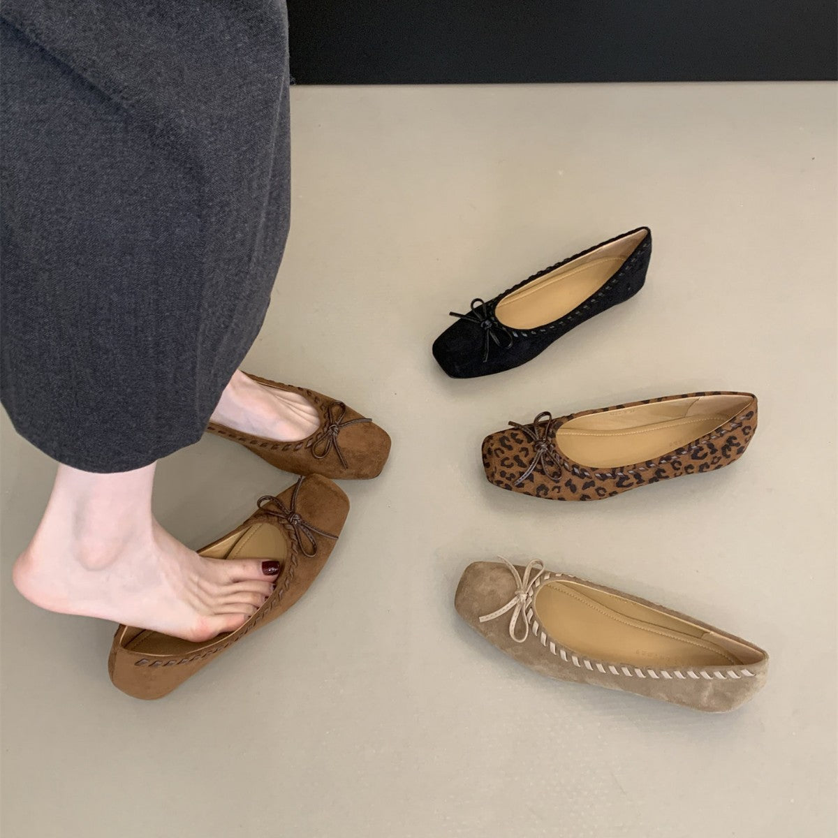 Women's French Style Suede Mary Jane Ballet Flats with Bow