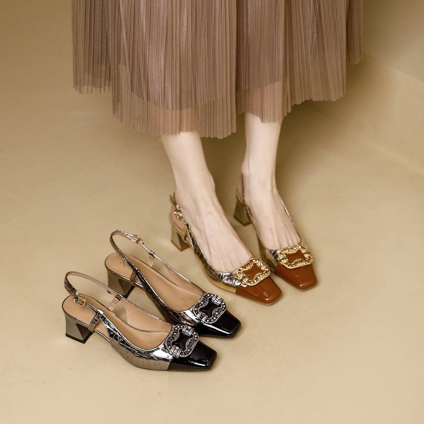Women's Square Toe Light Luxury Mid Heel Closed Toe Sandals