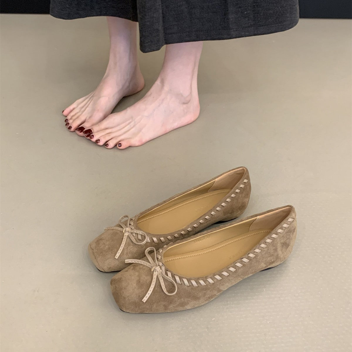 Women's French Style Suede Mary Jane Ballet Flats with Bow