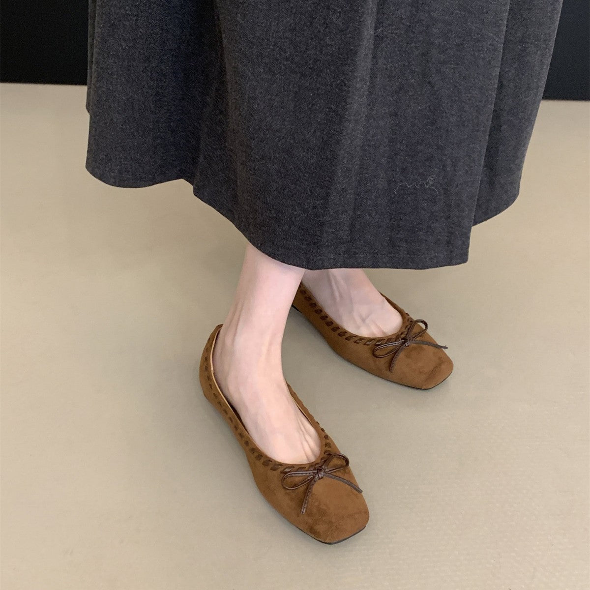 Women's French Style Suede Mary Jane Ballet Flats with Bow
