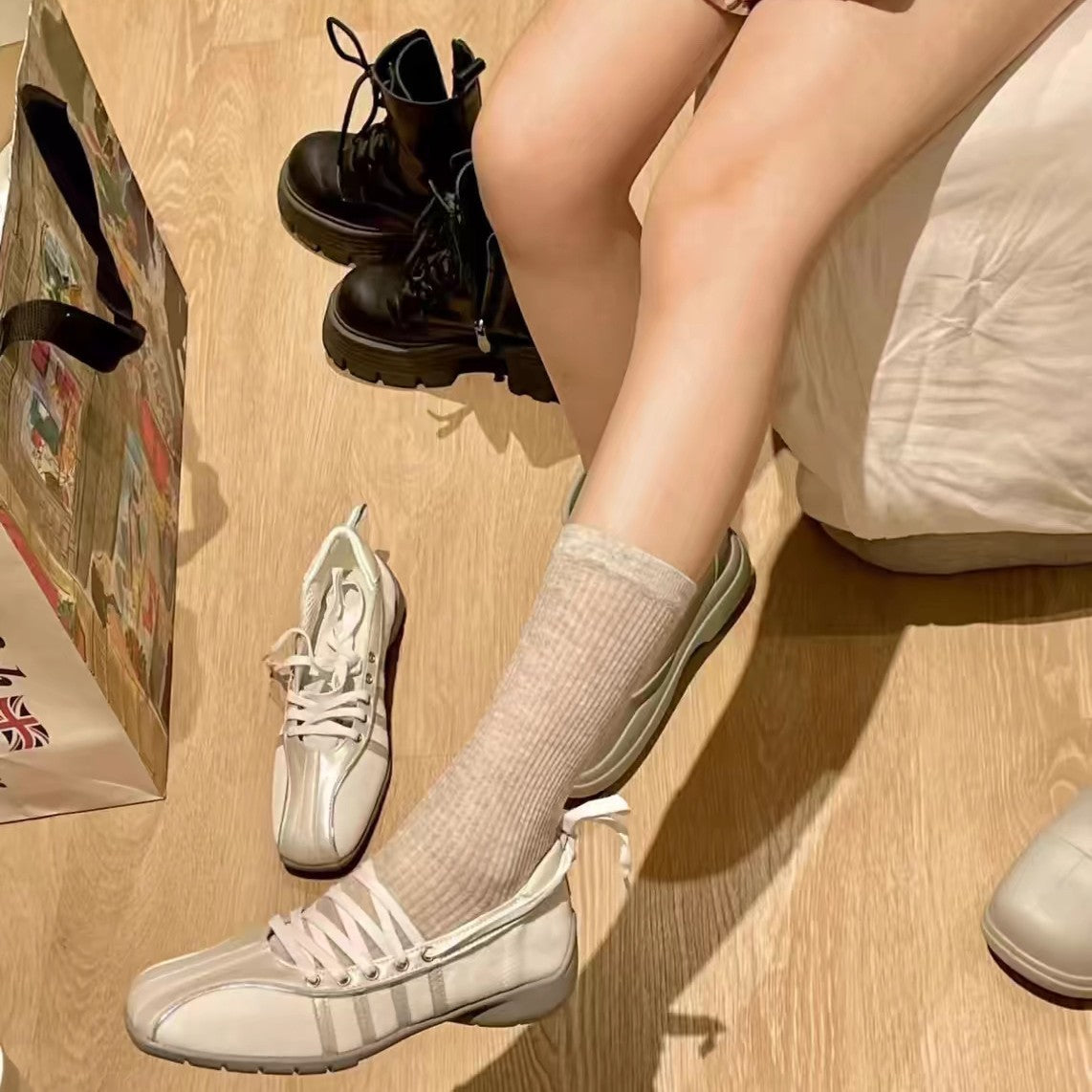 Women's Korean Style Mesh Lace-Up Square Toe Flats with Bow