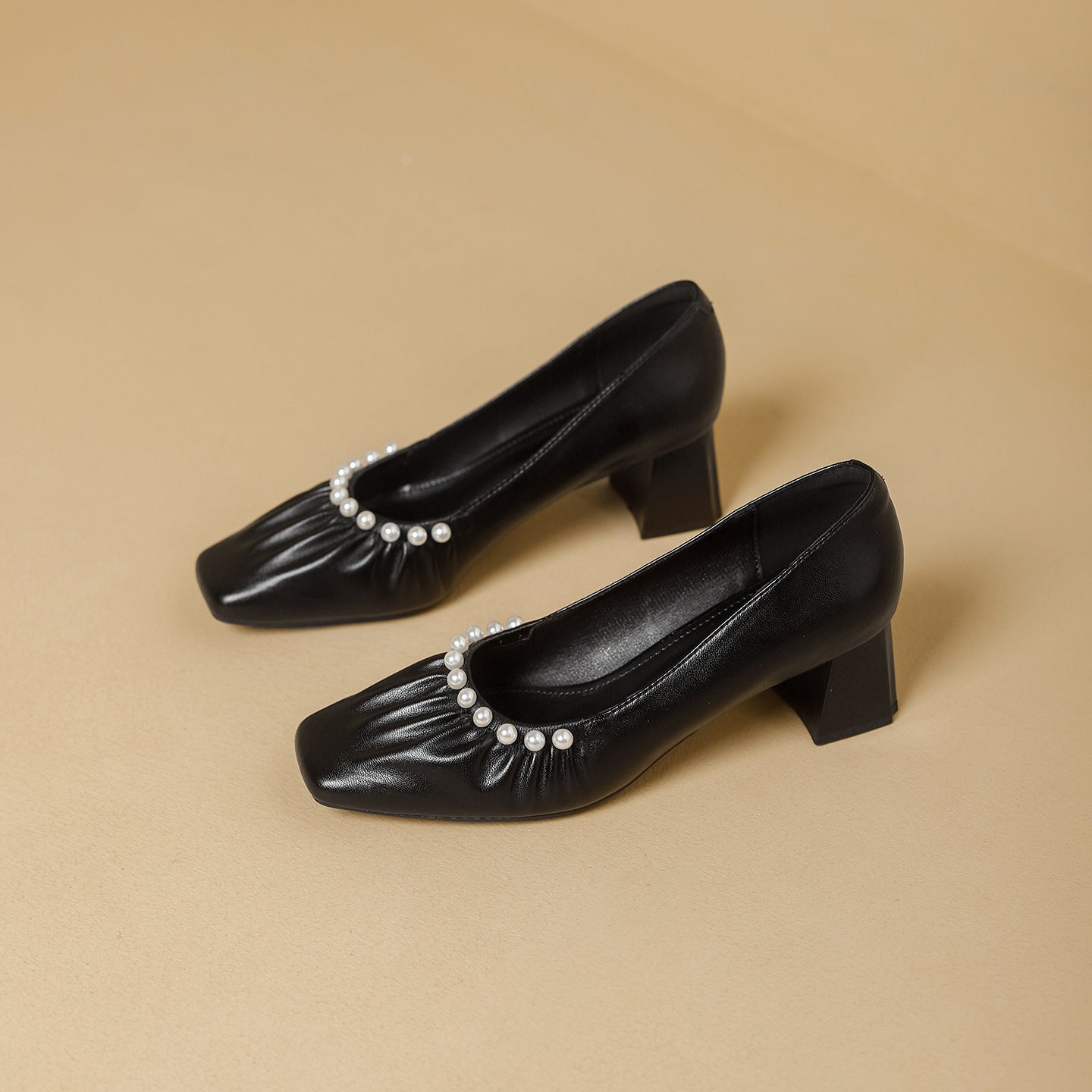 Women's Square Toe Beaded Mid Heel Pumps Slip-On Shoes