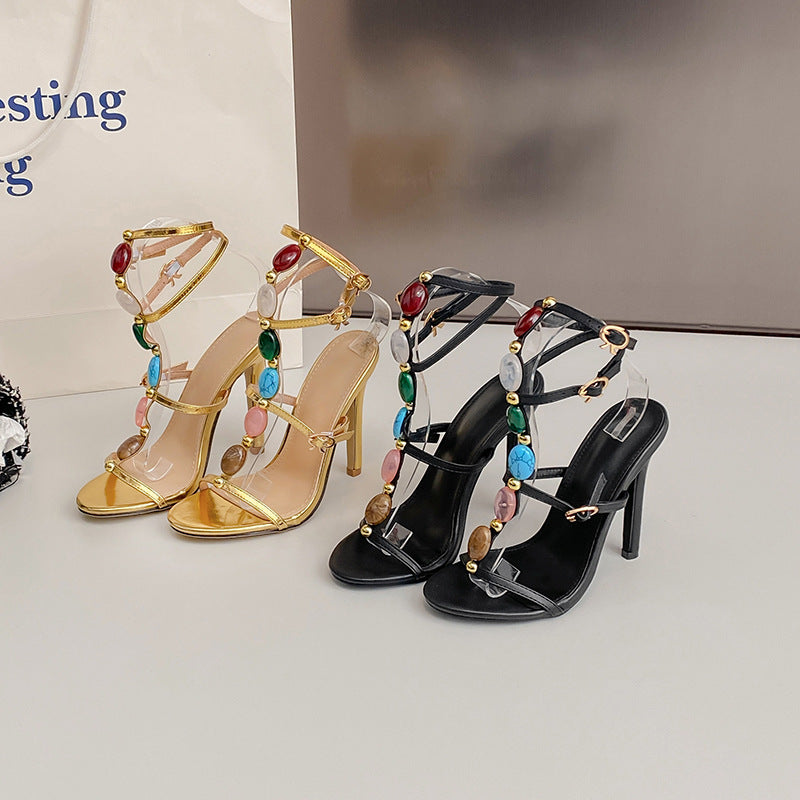 Women's Roman Style T-Strap Round Toe Stiletto Sandals