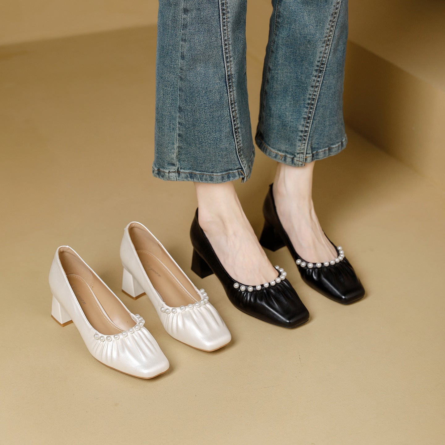 Women's Square Toe Beaded Mid Heel Pumps Slip-On Shoes