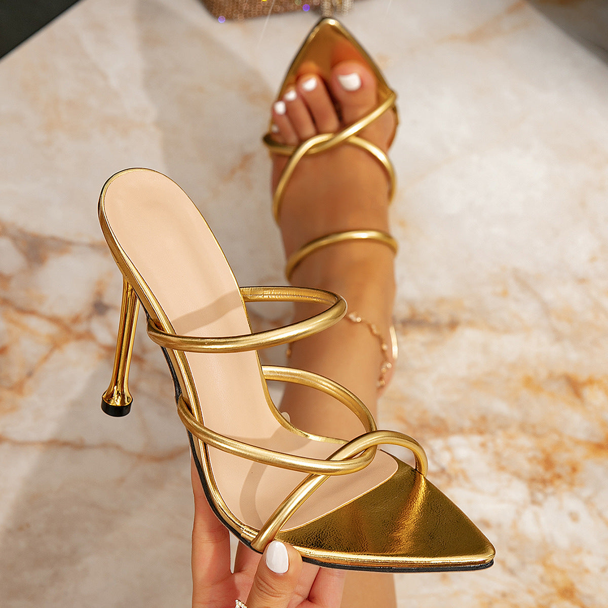Women's European Style Gold Pointed Toe Stiletto Sandals